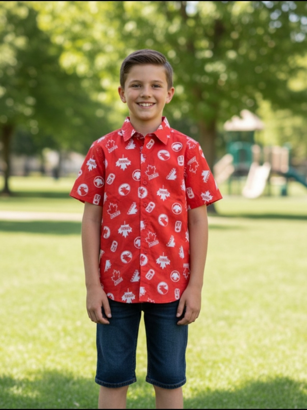 Red Short-Sleeve Kids Button-Up Shirt with White Print